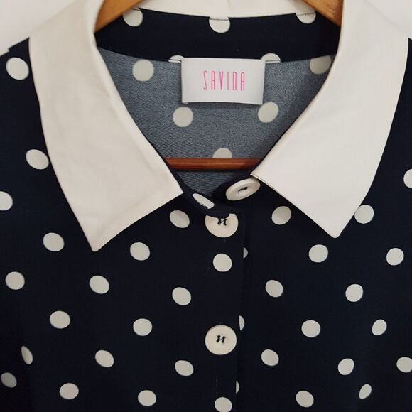 SAVOIA Classic Navy and White Polka Dot  Long Sleeve Dress with Cuffs - Picture 5 of 15